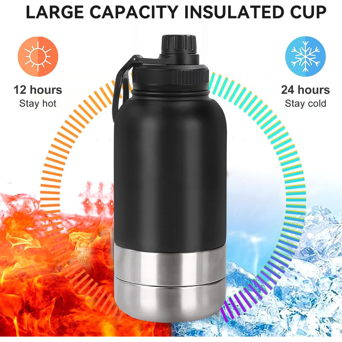 Водяна пляшка для собак на 950 мл з мискою – ізольована сталева пляшка для води, портативна, BPA-free, для подорожей та прогулянок (Чорний, L)