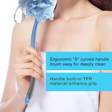 Щітка для душу з щетиною та люфою, сітчатий губка з вигнутим ергономічним руків'ям 40,6 см, для пілінгу та масажу шкіри, підходить для чоловіків та жінок (блакитна)