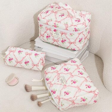 Набір 3 косметичні сумки для подорожей: дамська культбагаж з квітковим візерунком, степенена модель, для макіяжу та косметики, рожевий колір з діамантовою стрічкою