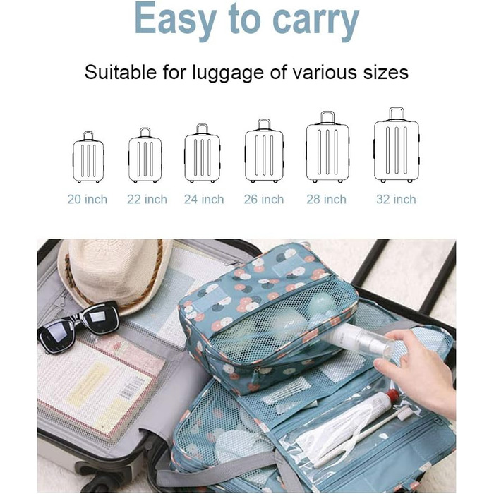 Сумка для туалетних приналежностей на блискавці | Розкладна дорожня косметичка з ручкою | Багатофункціональна сумка для туалетних речей, компактна косметичка, валізка для чоловіків та жінок (Квітка блакитна)