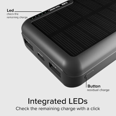 Powerbank SBS Solar 20000mAh з сонячною панеллю, швидкою зарядкою, LED-індикатором, USB-C, USB-A, чорний