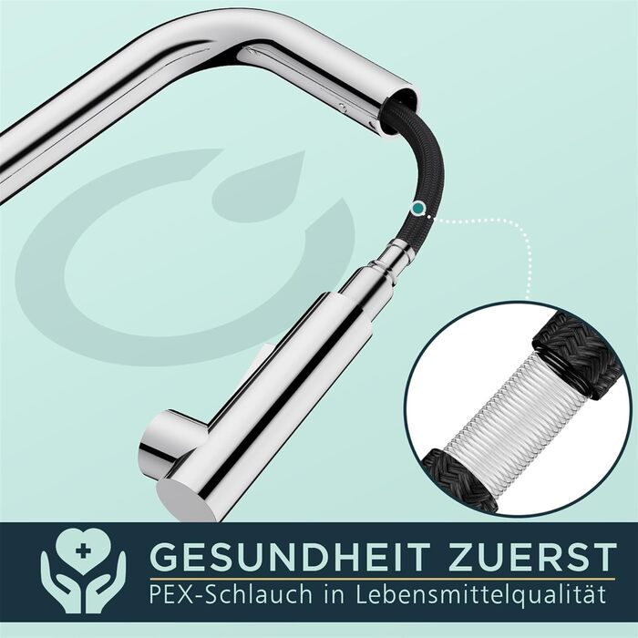 Змішувач для кухні FORIOUS з висувною лійкою та душем, 360° обертання, 2 режими, полірована хром