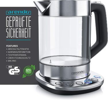 Електричний чайник Arendo з регулюванням температури, підтриманням тепла 30 хв, об'єм 1,5 л, скло Borosilikat, база з нержавіючої сталі, сучасний дизайн