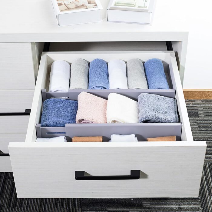 Utoplike Bamboo Adjustable Drawer Divider (4-pack), Large Drawer Organizers with Spring-Loaded for Clothes, Cutlery, Utensils in Kitchen, Bathroom, Bedroom, Baby Drawer, (Gray, Small)