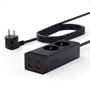 TESSAN Розподільник розеток USB-C 30W з GaN, 2 розетки, кабель 2м, захист від перенапруги 3600W, для офісу (5м, чорний)