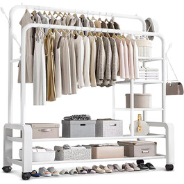 Clothes rack, clothes rail, rolling clothes rack, rolling clothes rail, stable clothes rack, black clothes rack, clothes rack with wheels and two clothes rails (Black) (Blanco1)