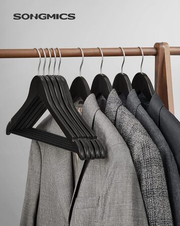 Плечики для одягу SONGMICS, 20 шт., з масиву дерева, з вирізами для плечей, неслизький тримач для штанів, обертовий на 360°, для костюмів, сорочок, натуральний колір + срібло