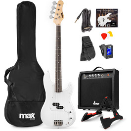 MAX GigKit Бас-гітара: повний комплект для гри, 21 лад, білий