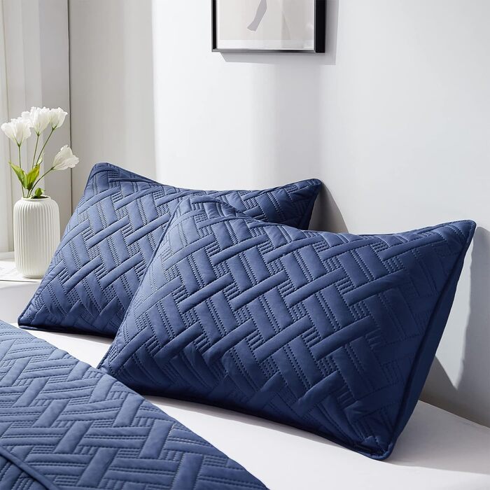 Beeweed Bedspread Throw Blanket 220x200cm Navy Blue, Bedspreads made of Microfiber, Quilted Throw Blanket Bed Cover Lightweight, Stepped Quilt with Ultrasonic Stitching and 2 Pillowcases, Basket Pattern Navy Blue 220 x 200 cm