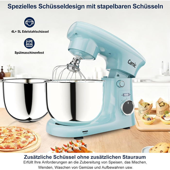 Кухонний комбайн-міксер Camic з LED-дисплеєм, 10 швидкостями та 2 чашами з нержавіючої сталі (4Л та 5Л), набір з 3 аксесуарів для тіста, хліба та тортів, синій