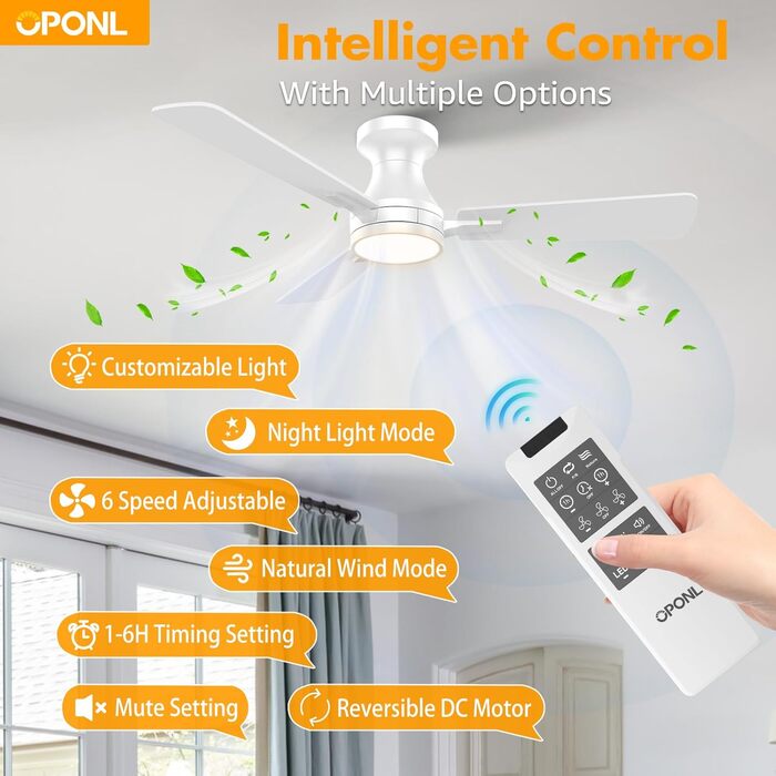 Стельовий вентилятор OPONL з підсвічуванням, 106.7 см, пульт дистанційного керування, висока продуктивність, сучасний дизайн для спальні, кухні, їдальні, подвір'я (білий)