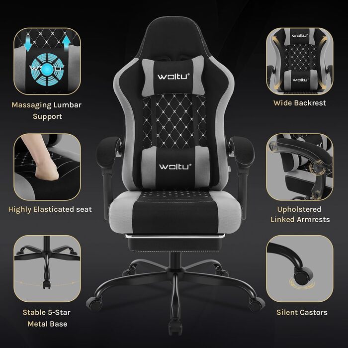 WOLTU Gaming Chair with Massage Function, Computer Chair with Pocket Spring Cushion, Ergonomic Gamer Recliner, Swivel Chair with Headrest, Lumbar Pillow, Footrest, Mesh Fabric, Black+Grey, GS15szg Black+grey Mesh Fabric