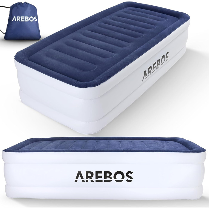 Надувний матрац Arebos | Самостійно надувний матрац 203 × 95 × 51 см, для 1 особи | Гостьовий матрац з електричним насосом | Надувний матрац з сумкою для перенесення, для кемпінгу/дому (Синій/Білий)