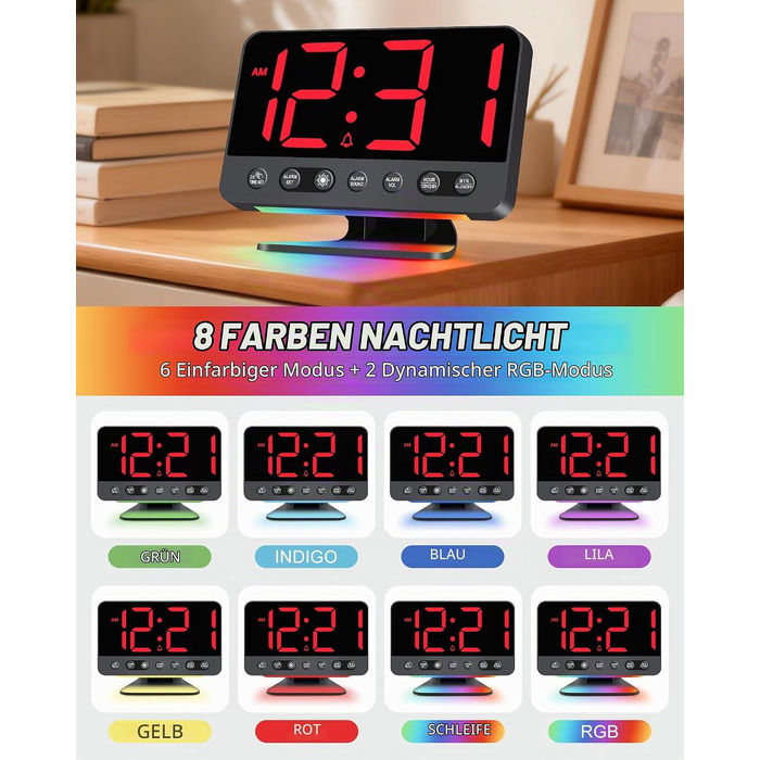 Цифровий будильник LED з RGB-підсвіткою, потужний сигнал 30-110 дБ для міцного сну, USB-порт, функція Snooze, настільний годинник (Червоний)