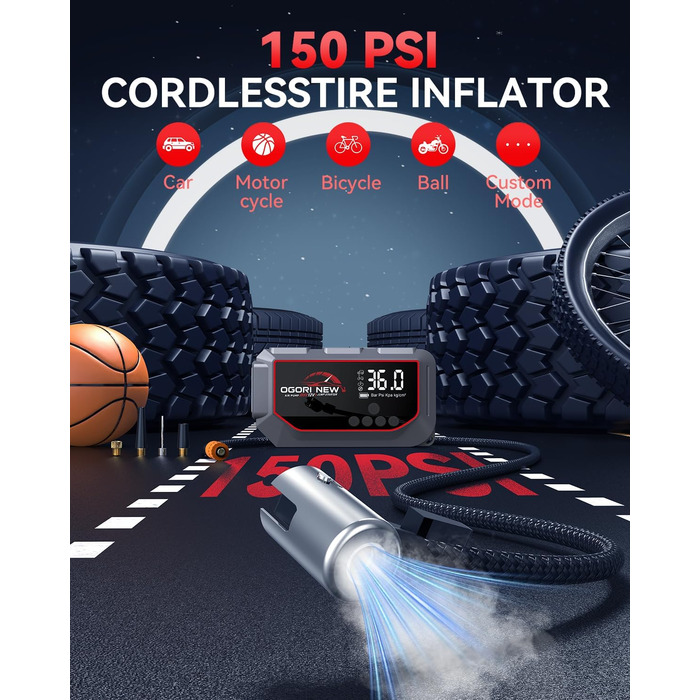 Портативний пусковий пристрій OGORI з компресором 150 PSI та LED-ліхтариком, 7000A, для автомобілів 12V (8L бензин/10L дизель)