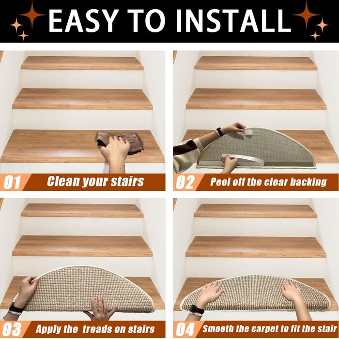 Qingbei Rina 22x65cm Non-Slip Stair Treads - 15 Piece Set - Adhesive Wood Step Mats for Indoor Safety & Floor Protection (Beige)