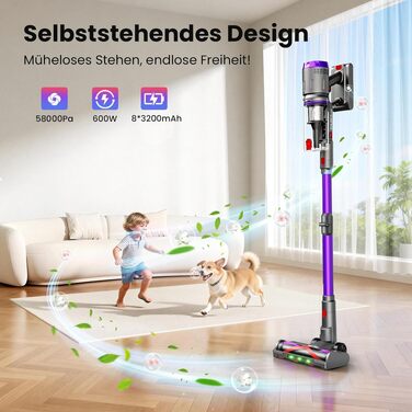 Акумуляторний вертикальний пилосос 600W, 58000Pa, 75 хв роботи, з LED-дисплеєм, зарядною станцією та антизаплутувальною щіткою для килимів та шерсті тварин, Фіолетовий