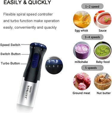 SOKANY Stabmixer 1000W: 4-в-1 блендер для супів, смузі та дитячого харчування. Зеркало, міксер, вінчик, чаша-мірна склянка