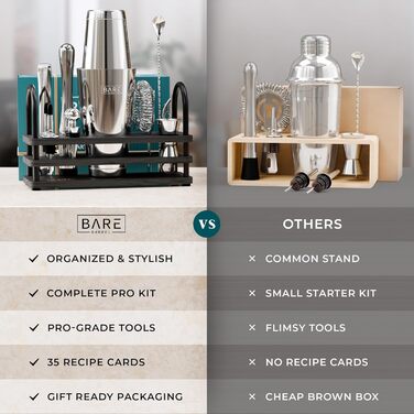 Набір для коктейлів Pro Cocktail Kit: Шейкер для приготування коктейлів, 14 предметів, з рецептами (800 мл, срібно-чорний)