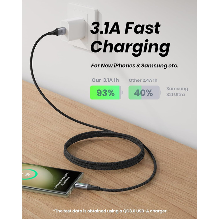 Кабель USB-C на USB-C, 3.1A, 0.3м, з LED-підсвіткою, нейлон, чорний - для iPhone, Samsung, Google Pixel