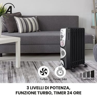 Електричний масляний радіатор Ardes AR4R09BTTE 9TT з таймером, 3 режими, турбовентиляція, на колесах, 2500 Вт, чорний та срібний