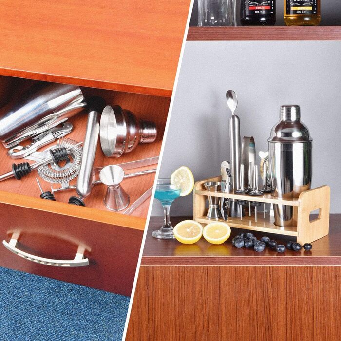 Набір шейкер для коктейлів Esmula 750 мл, 12 предметів, нержавіюча сталь, професійний барменський набір, стильний барний аксесуар для дому, з рецептами коктейлів (сріблястий)