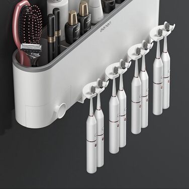 Drill-free toothbrush holder, wall-mounted, bathroom shelf with 1 automatic toothpaste dispenser, 6 brush hooks, 1 cosmetic drawer, organizer, and ample storage space (1 dispenser + 3 cups)