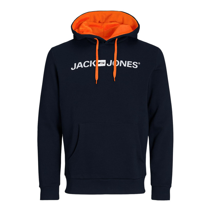 Чоловічий худі JACK & JONES з капюшоном та кишенею, Regular Fit, колір Shocking Orange/Navy Blazer, розмір XS