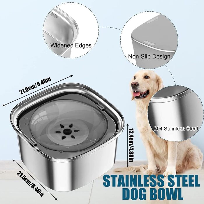 Миска для води для собак 3L, не проливається, з нержавіючої сталі 304, протиковзна