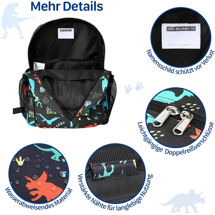 Дитячий рюкзак Bagseri для дівчаток 15L, легкий рюкзак для школи, дитячий сад та 1-2 класи, з нагрудним ременем та ізотермічним відділенням, формат DIN A4, з світловідбиваючими елементами (чорний динозавр)