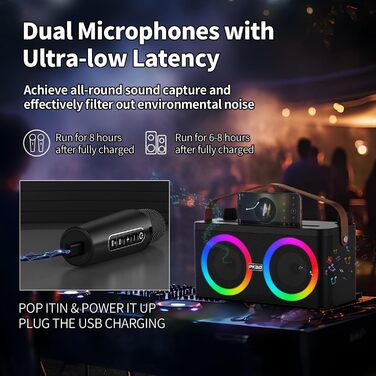 Караоке-система PKBD з Bluetooth, 2 мікрофонами та LED-підсвіткою для дому та вулиці
