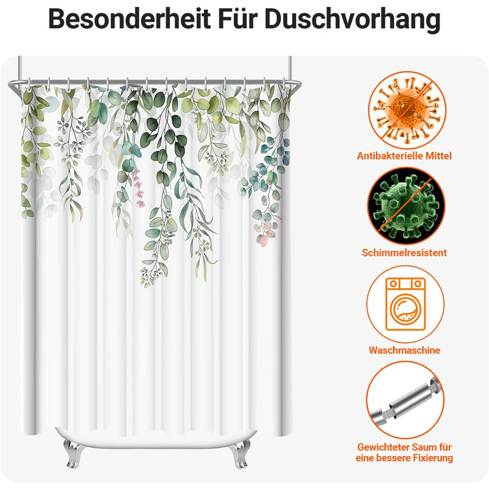 Штора для душу 200x200 см, зелені листки, антигрибкова, текстильна, водовідштовхувальна, поліестер, з кільцями (1 шт)
