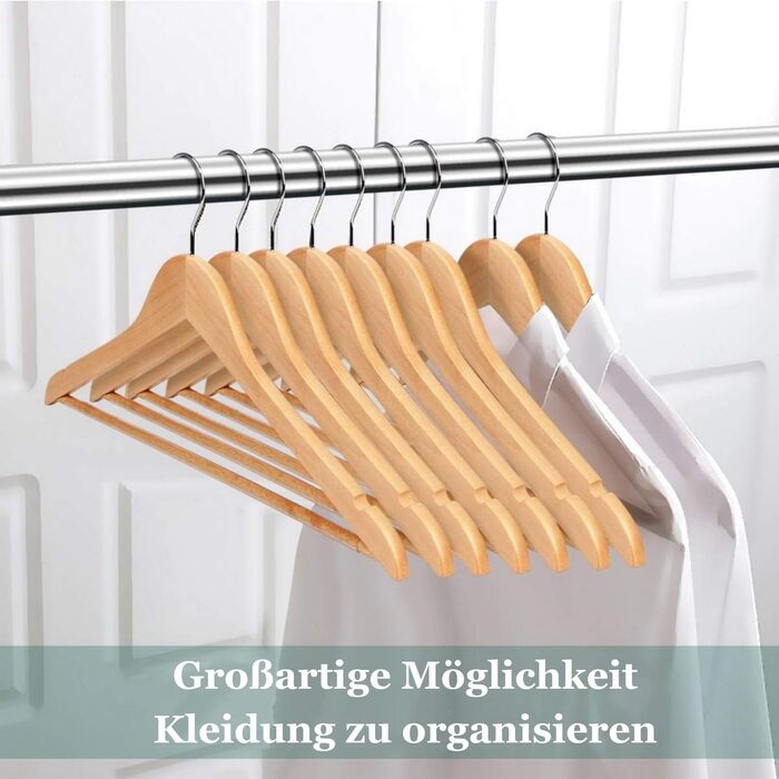 Дерев'яні вішалки для одягу, набір 20 шт. – міцні дерев'яні вішалки з перекладиною для штанів, з виступами та 360° гачком для костюмів, сорочок та курток