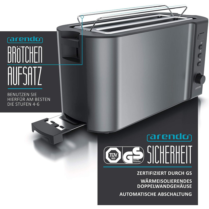 Arendo - Stainless Steel 4-Slice Long Slot Toaster, Defrost, Heat-Insulating Housing, with Integrated Bun Tray, 1500W, Crumb Tray, Display, Cool Grey A: Cool Grey