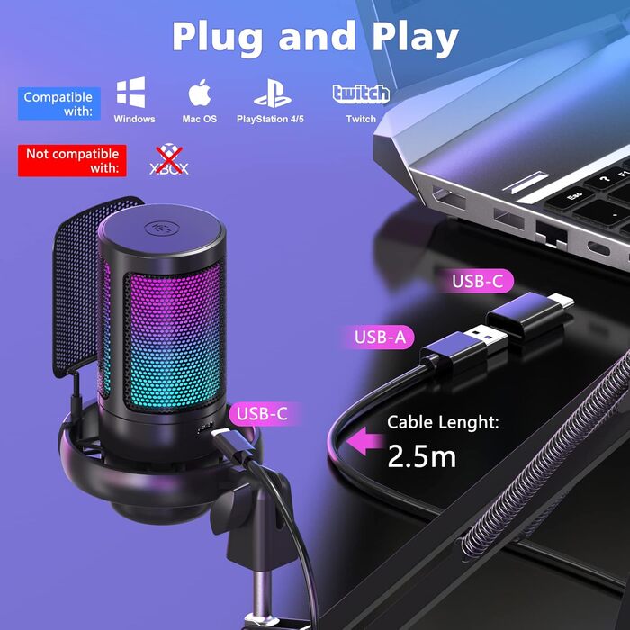 Мікрофон для комп'ютера NJSJ Gaming з тримачем, USB для PC, MAC, PS4/PS5: з кнопкою вимкнення звуку, навушниками, поп-фільтром, конденсаторний кардіоїдний для стрімінгу та подкастів (Чорний)