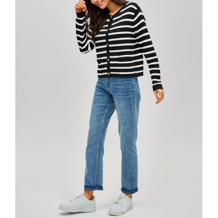 Жіноча коротка в'язана куртка з двома кишенями на ґудзиках, смугастий пуловер, стильна осіння кардиган, круглий виріз, модна в'язана кофта XL чорного кольору