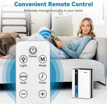 Електричний осушувач повітря Sejoy з пультом дистанційного керування, LED-індикатором вологості, резервуаром 2,5 л, продуктивністю 1000 мл/день, 7-кольоровою підсвіткою, портативний, тихий режим сну 35dB