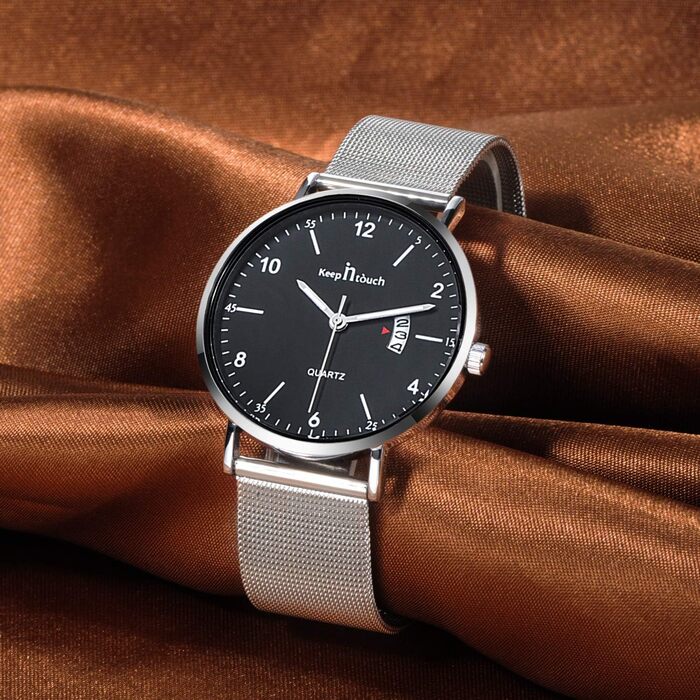 Годинник на зап'ясті Unendlich для чоловіків: ультратонкий, водонепроникний, кварцовий, з мінімалістичним цифровим дисплеєм, з цифровим календарем, для бізнесу та повсякденного носіння, корпус та браслет з нержавіючої сталі (чорний+сріблястий)