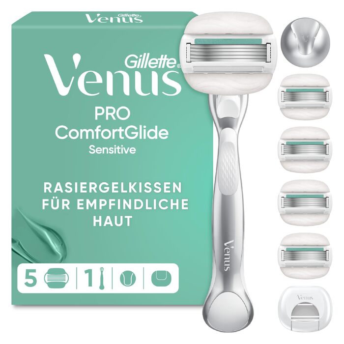 Жіноча бритва Gillette Venus Pro Comfortglide Sensitive для чутливої шкіри, срібляста (бритва + 6 змінних касет)