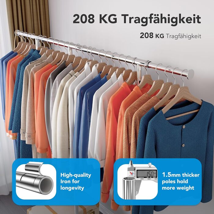HOKEEPER Heavy-Duty Clothes Rack with Wheels, Up to 150 kg Load Capacity, Durable Clothes Rod with Shelves for Hanging, for Bedroom, Office, Business, Chrome Steel, Black