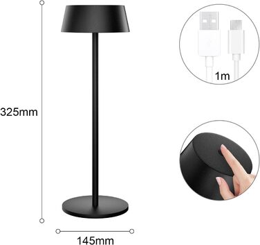 Акумуляторна LED настільна лампа K-Bright з димером, тепле світло 3000K, водонепроникна, для дому та вулиці, USB-C, чорна (2 шт)