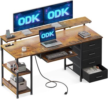 Письмовий стіл ODK з 4 шухлядами, розетками та USB, комп'ютерний стіл з полицею і висувною полицею для клавіатури, геймерський стіл для офісу та вітальні, 140x52x92 см, коричневий