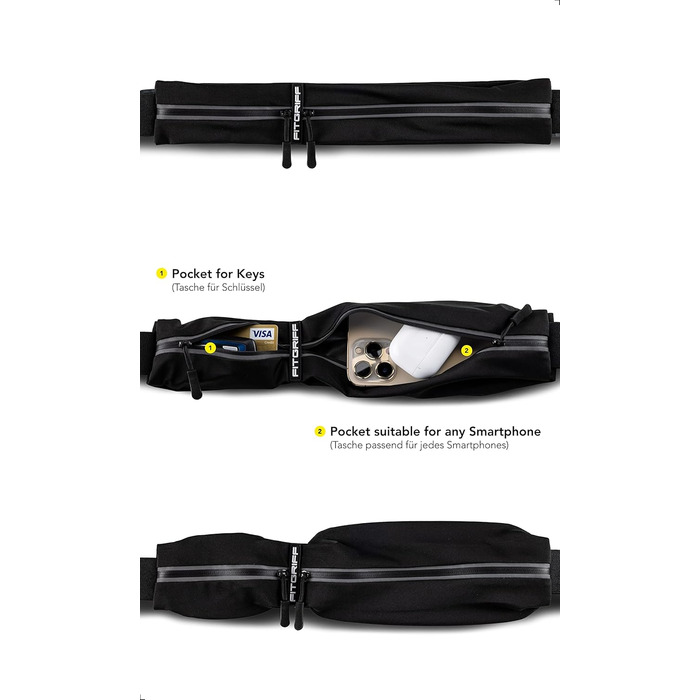Пояс для телефону Fitgriff® - спортивний пояс для бігу, джогінгу, фітнесу. Підходить для смартфонів S-M, обхват талії 62-90 см, чорний