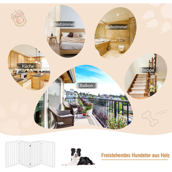 Захисний бар'єр для собак Costway, 89 см, 4 панелі, дерев'яний, розкладний, для дітей, захист від сходів, білий