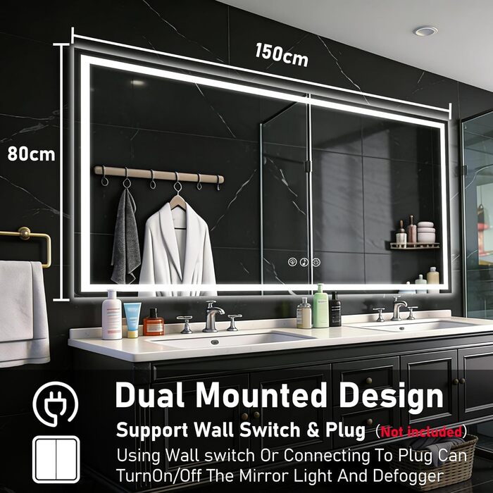 Дзеркало для ванної кімнати 50x70 см з підсвічуванням LED, антизапарююче, димування, 3 кольори світла, Bluetooth