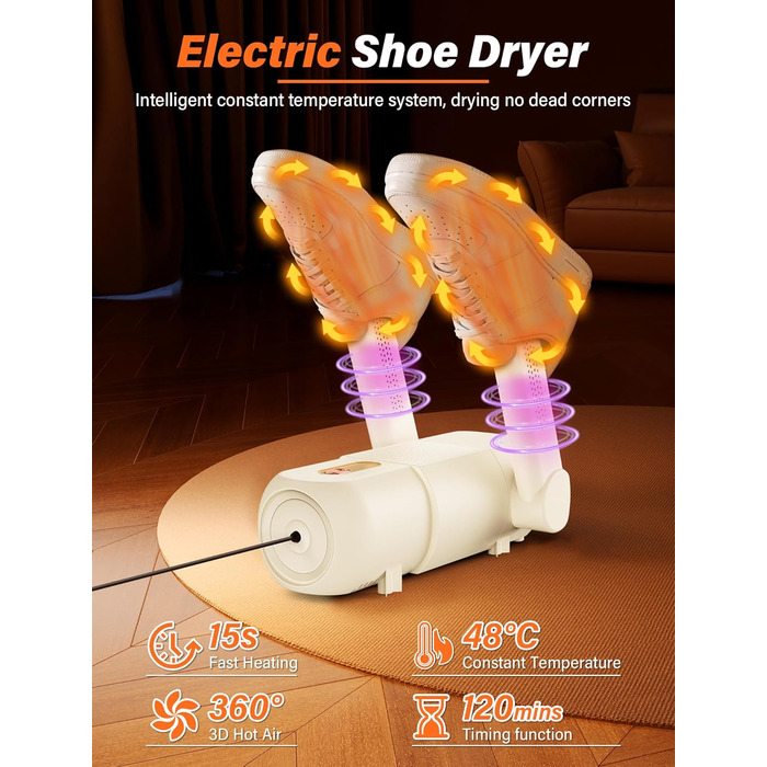 Електричний сушильник для взуття та черевиків з таймером 120 хв, UV-підсвічуванням, складний дизайн (Бежевий)