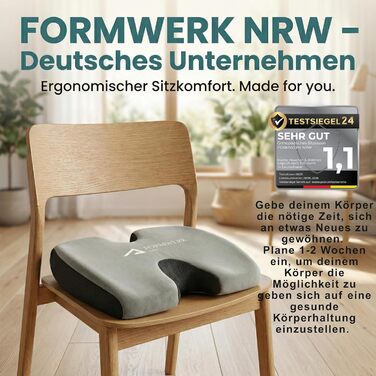 Ортопедична подушка для сидіння Formwerk NRW - преміум якість, 3D Memory Foam, для офісу та авто, OEKO-TEX-100 (60-100 кг), сіра