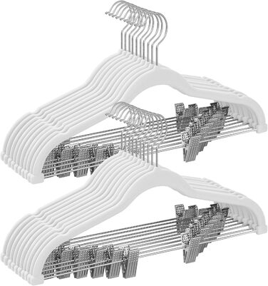SONGMICS Velvet Clothes Hangers, 20-Piece Set, Pant Hangers, 42.5 cm Long, with Adjustable Clips, Non-Slip, Space-Saving, for Pants, Coats, Dresses, White CRF012W20