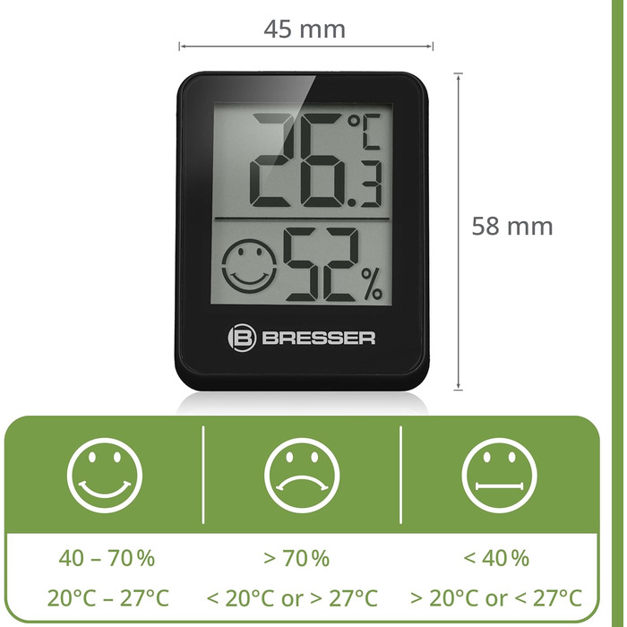 Bresser 6-Piece Thermometer Hygrometer Set - Digital Room Thermometer for Controlling Indoor Humidity, Refrigerator Suitable, Wall Mounting and Magnetic, Mold Prevention - Smiley Indicator, Black