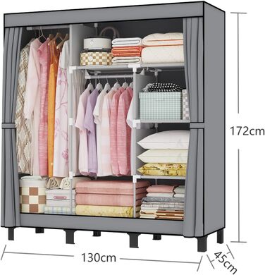 LOEFME Wardrobe, cloth wardrobe with 2 sturdy clothes rails, fabric clothes closet with shelves, open foldable clothes rack, storage for the bedroom, 172 x 130 x 45 cm (Grey)